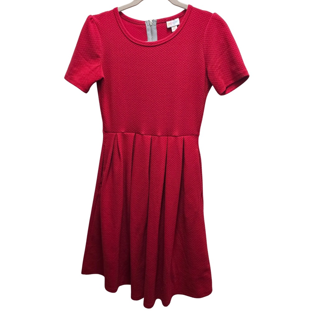LuLaRoe Amelia Dress Womens XS Red Textured Knit Pleated Fit Flare Pockets